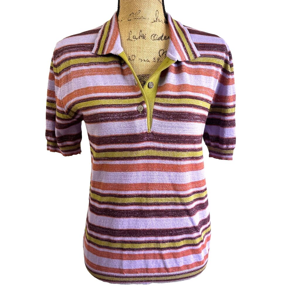 Happy Sheep Women Lilac Striped Short Sleeve Cotton Polo Sweater Top Sz L Italy